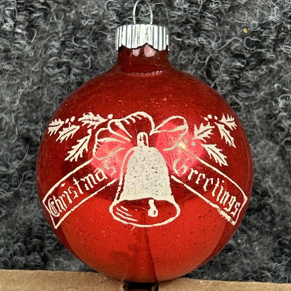 Vintage MCM Red Christmas Greetings Stenciled Shiny Brite Christmas Ornament 2”